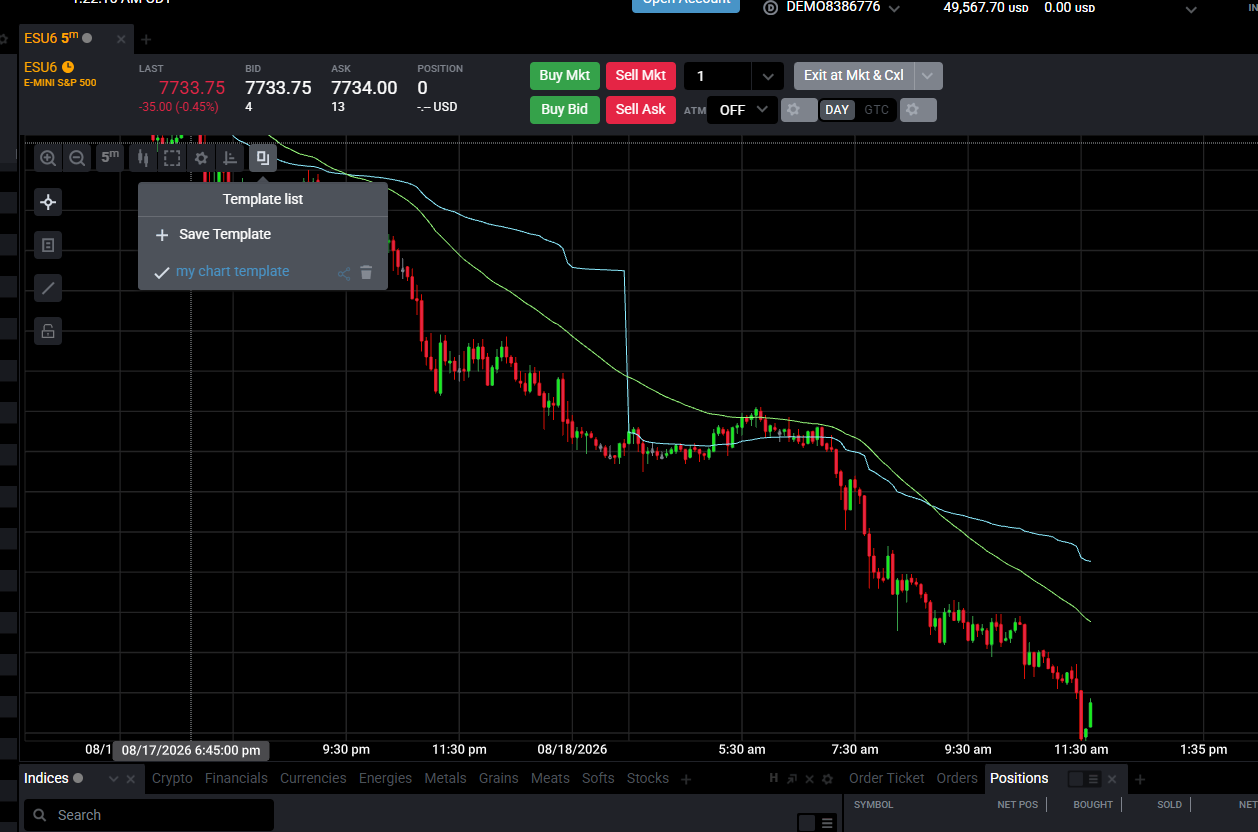 Tradovate chart menu showing the Templates Save Template option