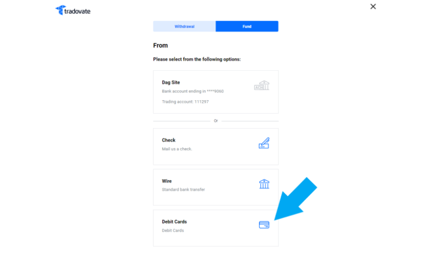 Tradovate Fund Account screen with the Debit Cards option selected