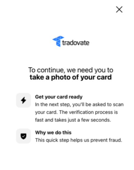 Debit card verification step prompting the user to hold the card up to the device camera