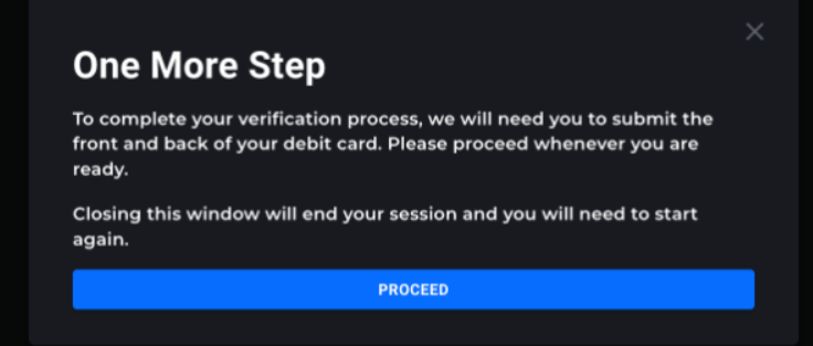 Additional verification message with a Proceed button during a Tradovate debit card deposit