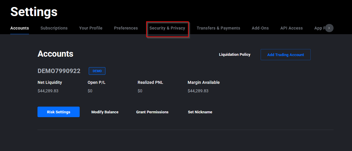 Tradovate Application Settings showing the Security section