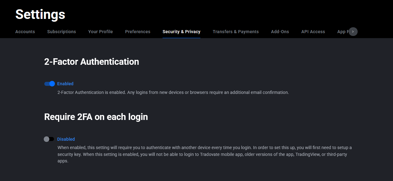 Tradovate Security page showing the 2FA toggle switched on