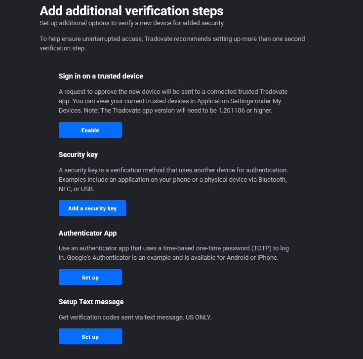 Tradovate Security page showing authenticator app and SMS options with a backup method prompt