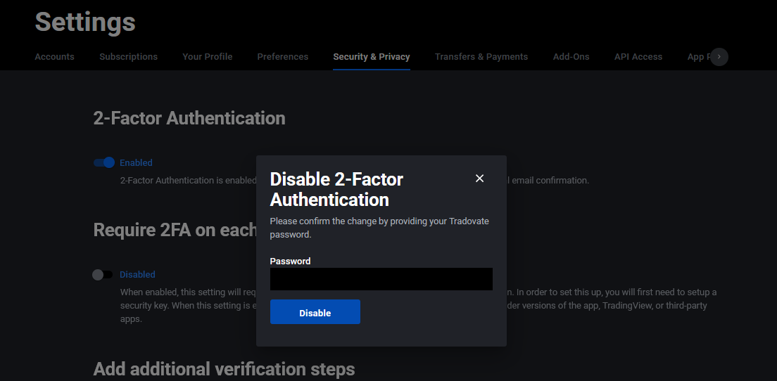 Tradovate Security page showing the 2FA toggle switched off