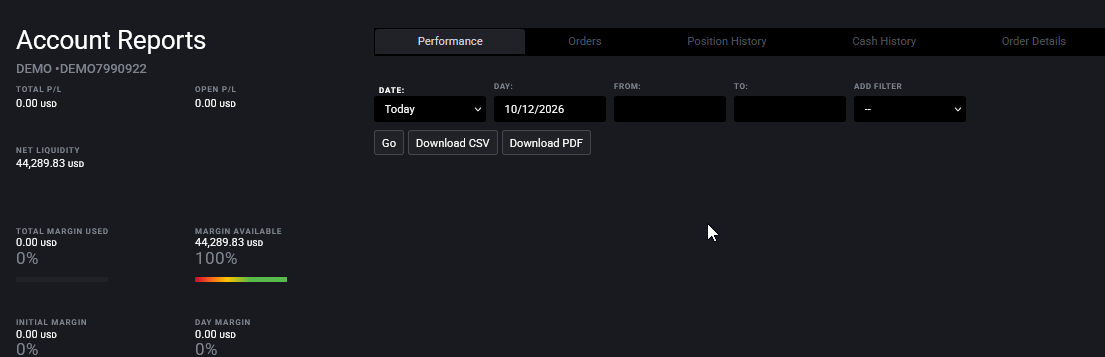 Tradovate Account Reports showing report type tabs including Performance and Fills