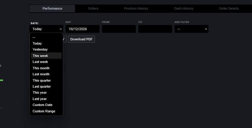 Tradovate account reports date-range filter with From and To fields and the Go button