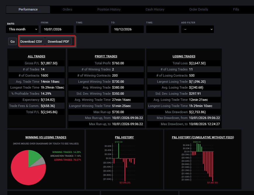Tradovate account report download options for CSV and PDF export