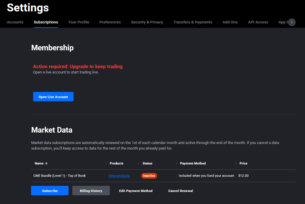 Tradovate Application Settings showing the Market Data section