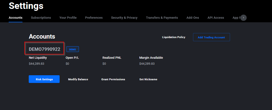 Tradovate Application Settings Accounts tab showing the demo SIM account