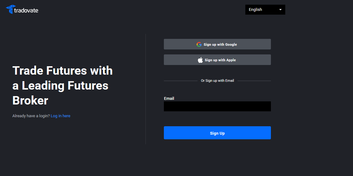 Tradovate free-trial landing page showing the demo account signup button