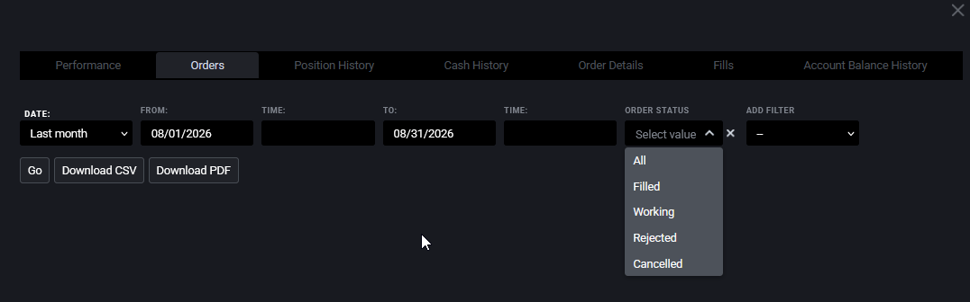Tradovate Account Reports panel with the Orders tab selected