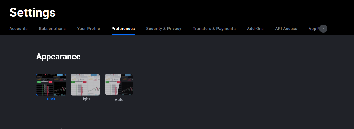 Appearance section at the top of the Tradovate Preferences page showing theme options