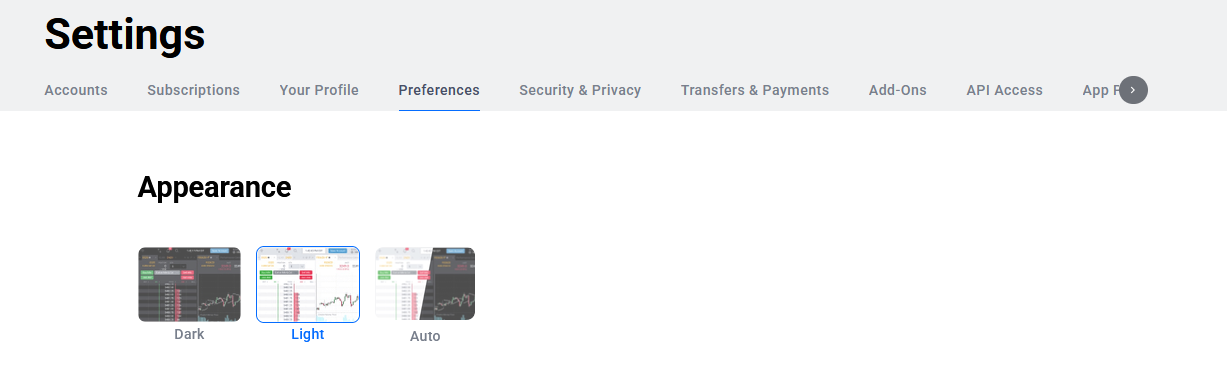 Tradovate Appearance options with Light, Dark, and Automatic theme choices
