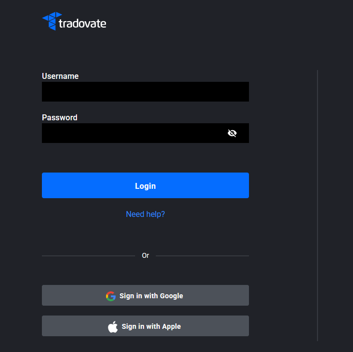 Tradovate login form showing username and password fields and the Login button