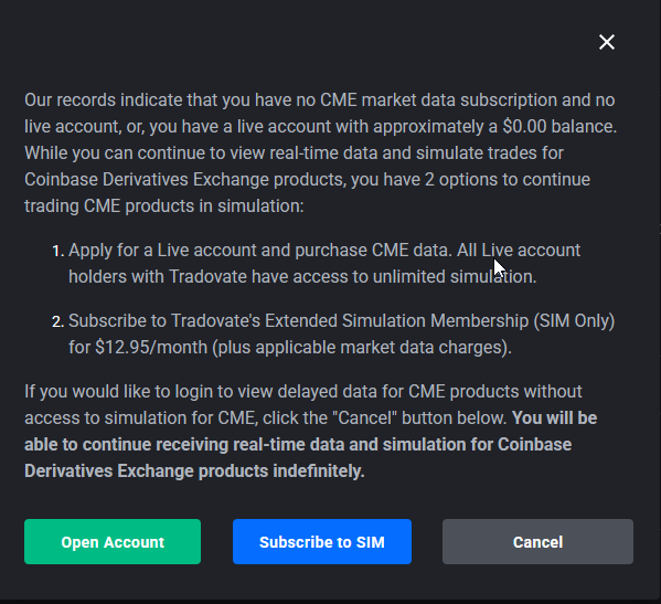 Tradovate login showing the market-data agreement acceptance screen