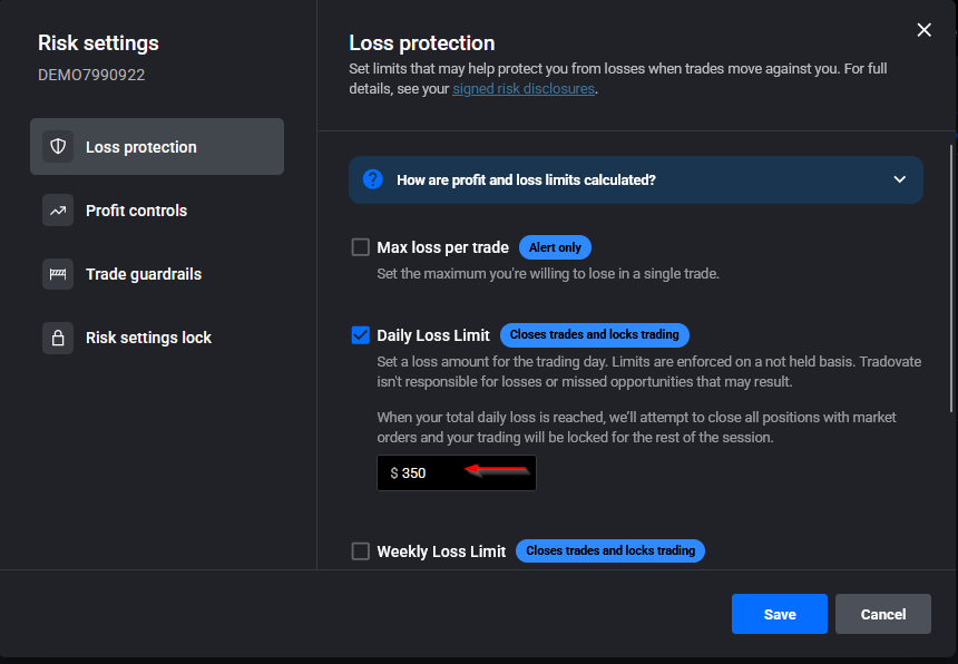 Tradovate Risk Settings showing the Daily Loss Limit field enabled with a value