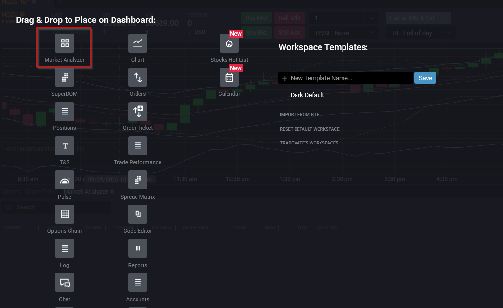 Tradovate New + menu with the Market Analyzer module being dragged into the workspace