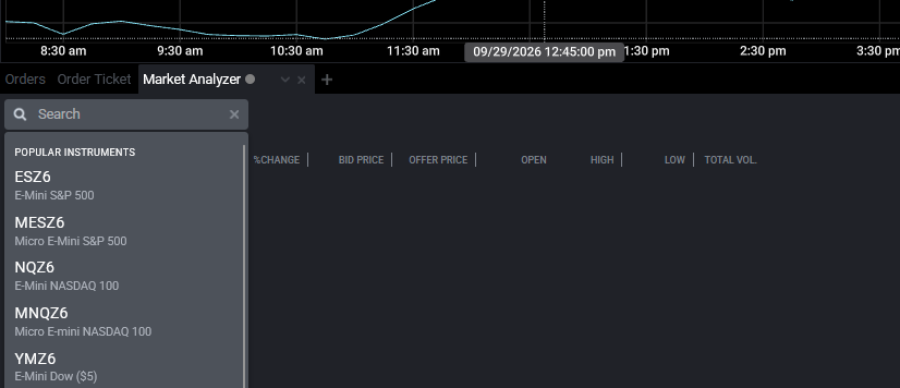 Tradovate Market Analyzer search bar adding a futures symbol as a new row in the grid
