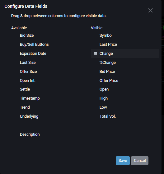 Tradovate Market Analyzer Select Columns panel with Available and Visible field lists