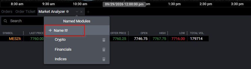 Tradovate Market Analyzer drop-down menu with the Name It option for saving a named instrument list