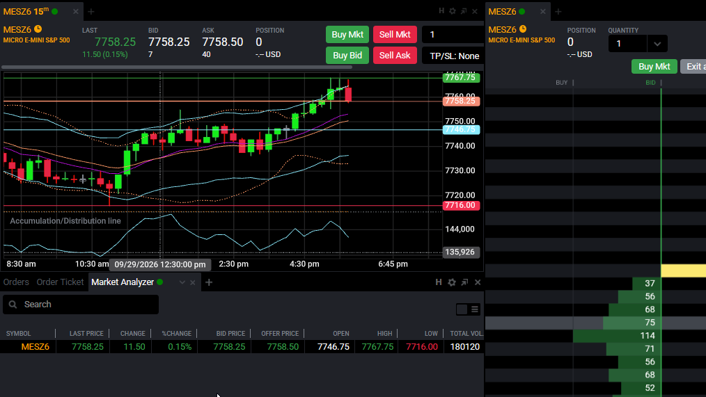 Tradovate module tab color dropdown used to link the Market Analyzer to a chart and DOM
