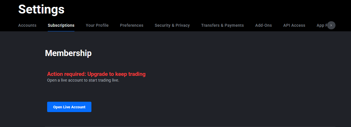 Tradovate Settings menu with the Subscriptions tab selected