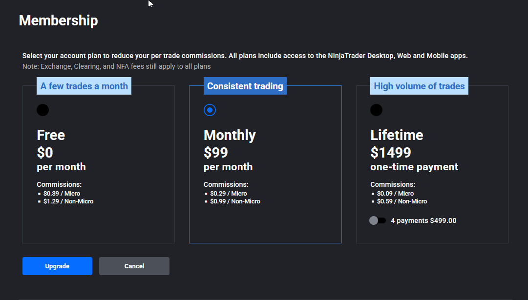 Tradovate Edit Payment Method screen showing the card fields and the Change link to bill from account balance