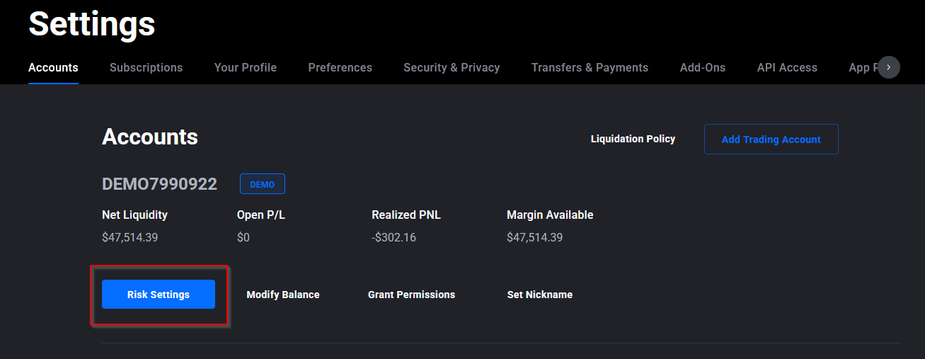 Tradovate Application Settings Accounts tab showing the Risk Settings button