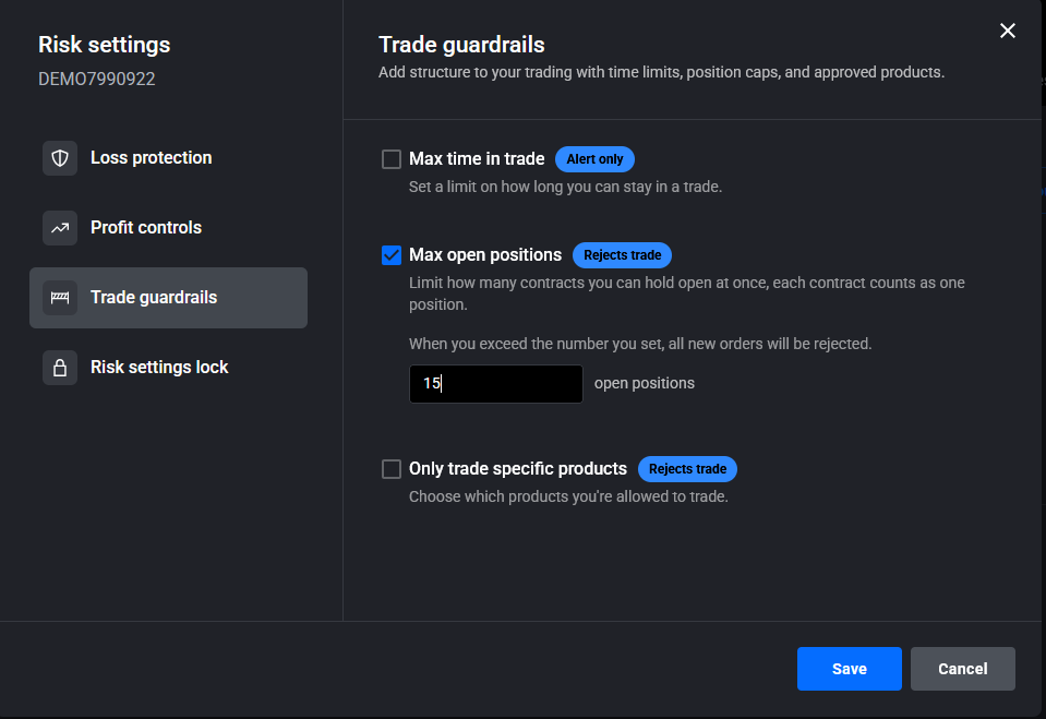Tradovate Risk Settings showing the Max Position Size toggle and contract value field