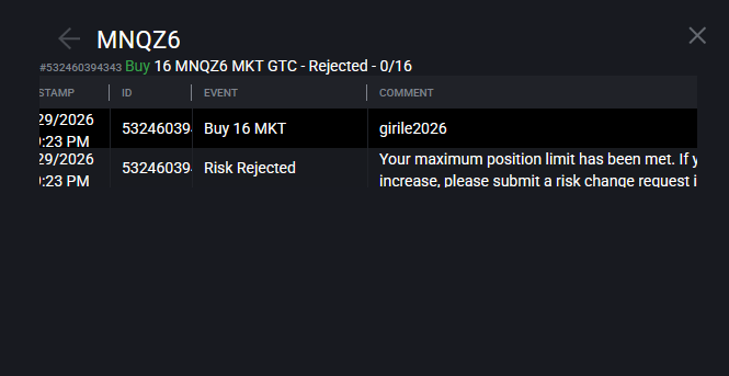 Tradovate order rejected after exceeding the Max Position Size limit