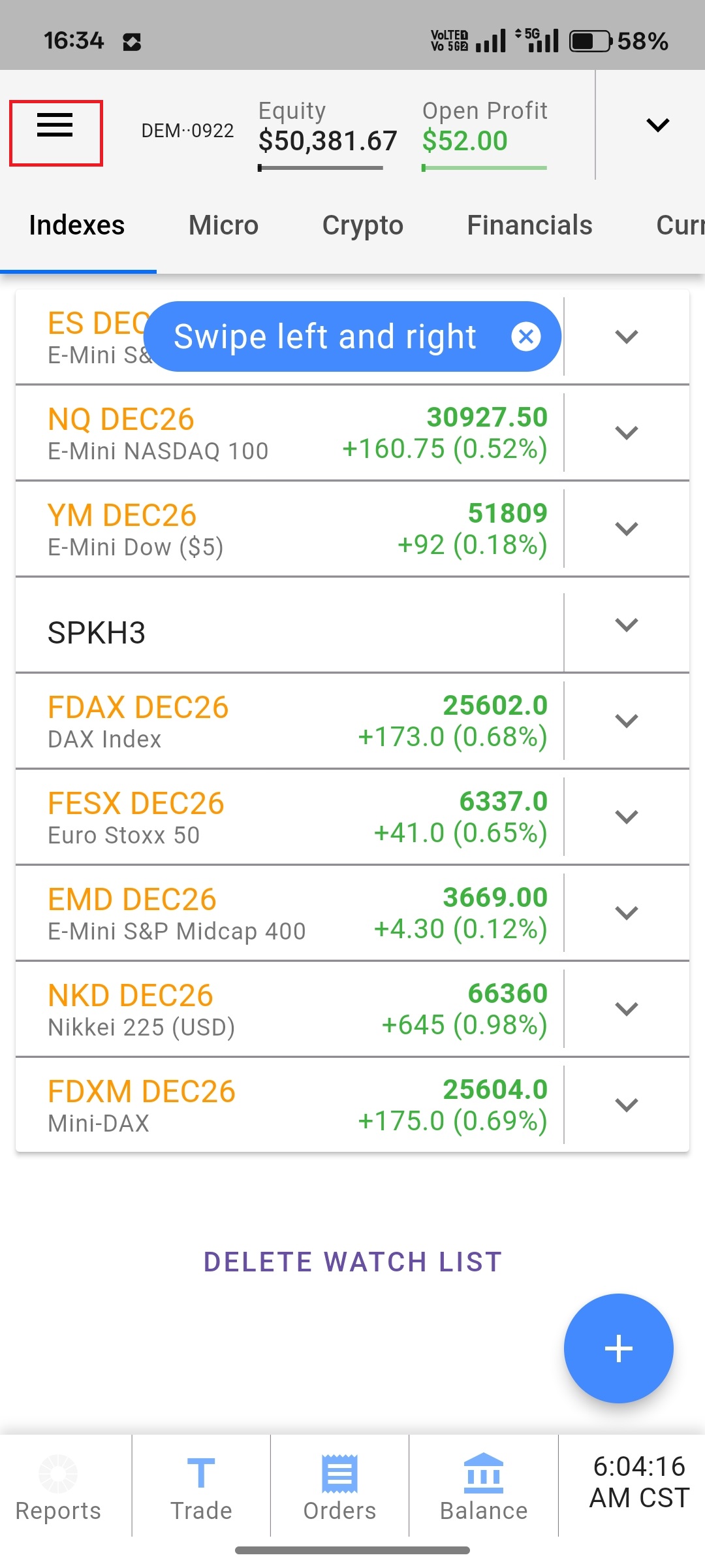 Tradovate mobile app with the three-bar hamburger menu icon highlighted in the top-left corner