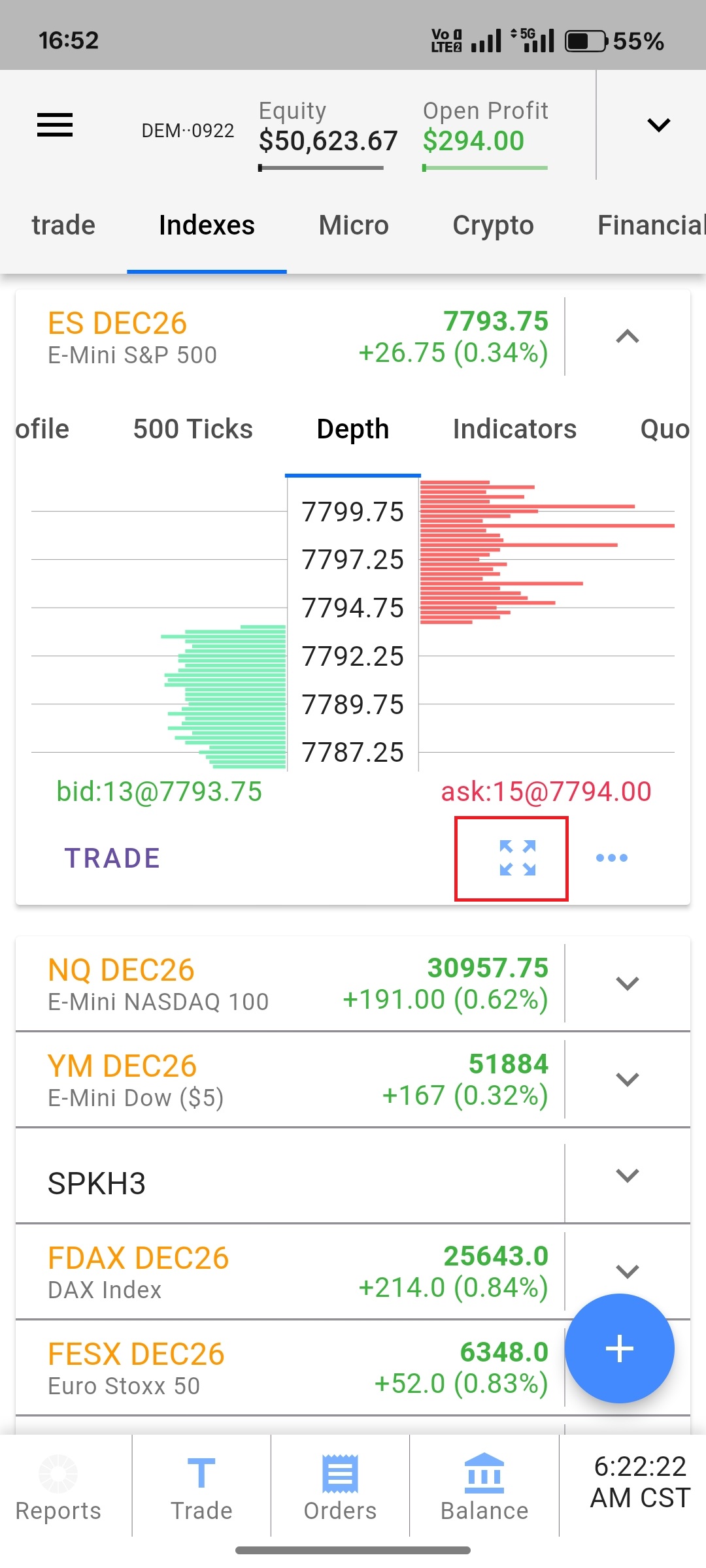 Tradovate mobile expanded full-screen view with the four-arrow expand icon highlighted