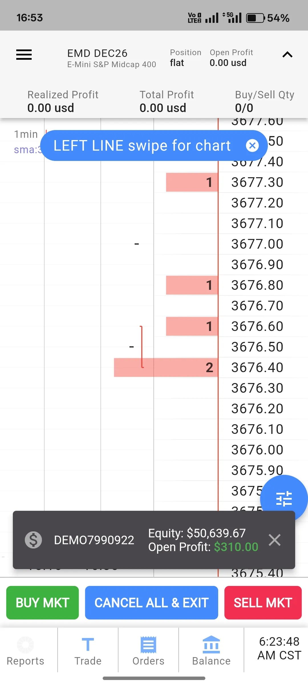 Tradovate mobile expanded view showing the vertical divider notch between the Chart and SuperDOM