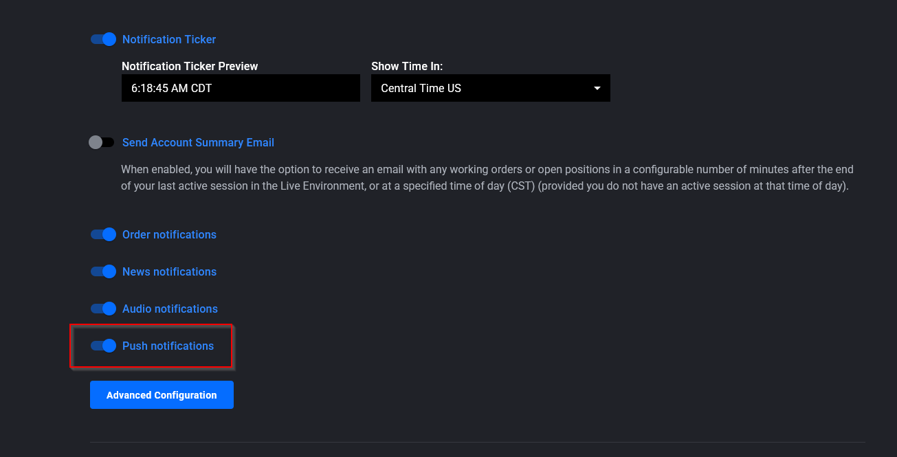 Phone notification settings for the Tradovate app controlling push alerts