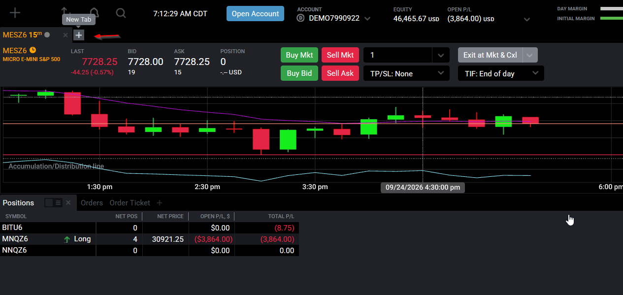 Tradovate chart right-click menu showing the Add Chart option to insert a second chart pane