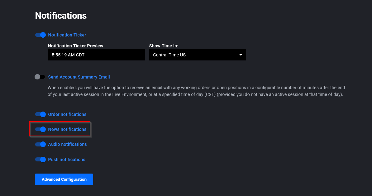 Tradovate Notifications section showing the news notifications toggle switched off
