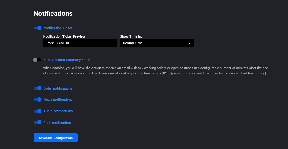 Tradovate notification settings showing the ticker toggle, order notifications, and Advanced Configuration button