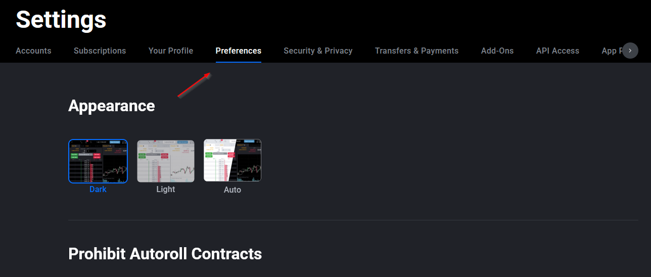 Preferences tab selected inside the Tradovate Web Application Settings window