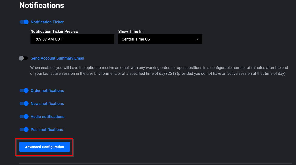 Advanced Configuration panel showing individual order status notification toggles in Tradovate Web