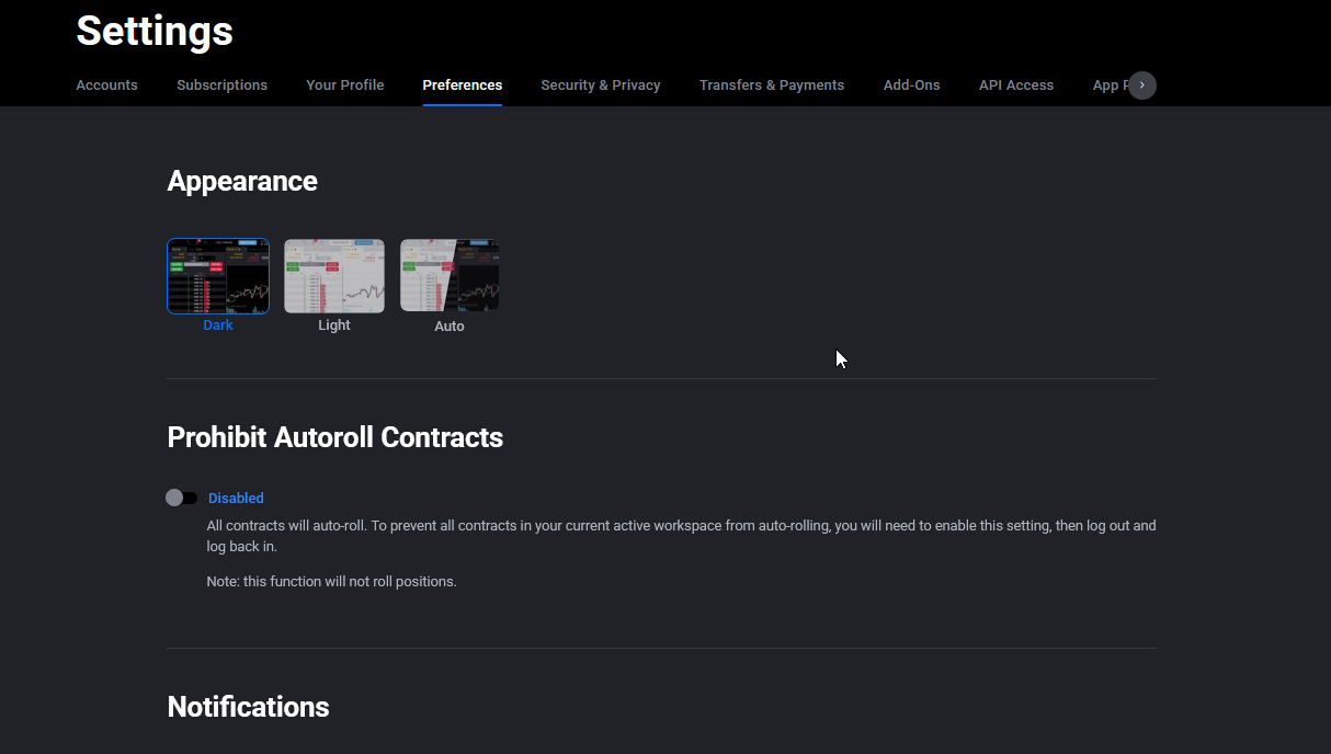 Tradovate web trader Application Settings menu with the Notifications option selected