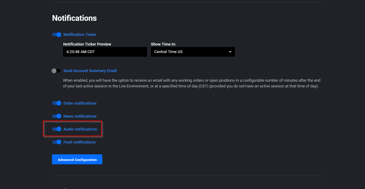 Audio Notifications list showing order events with toggles and blue current-sound links