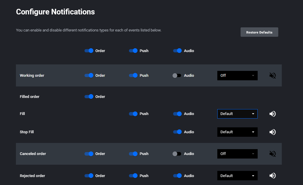Tradovate notification sound library open with a list of selectable sounds