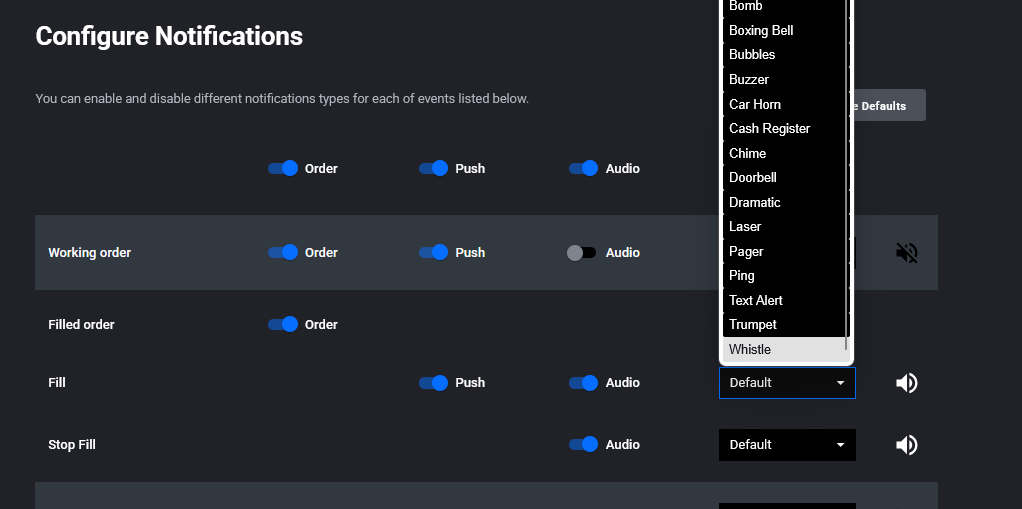 Previewing and selecting a notification sound with the play icon in Tradovate