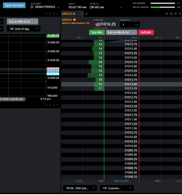 Tradovate SuperDOM showing an open futures position and its average price on the ladder