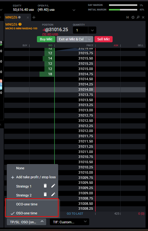 Tradovate DOM ATM dropdown menu open with the OCO-one time option selected