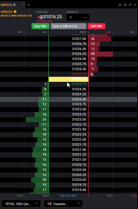 Trader left-clicking a price above the market on the Tradovate DOM to stage a limit take-profit