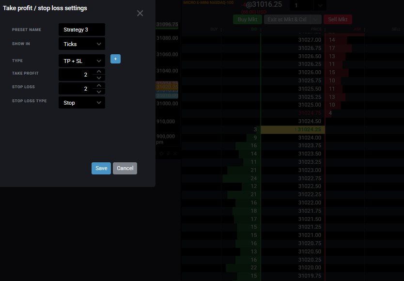 Trader right-clicking a price below the market on the Tradovate DOM to complete the OCO stop-loss