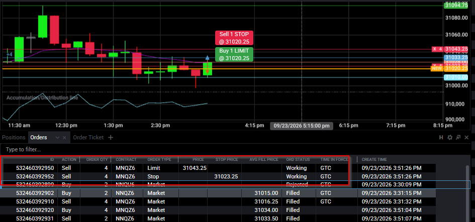 Tradovate DOM and Orders panel showing a linked OCO stop and target both working on an open position