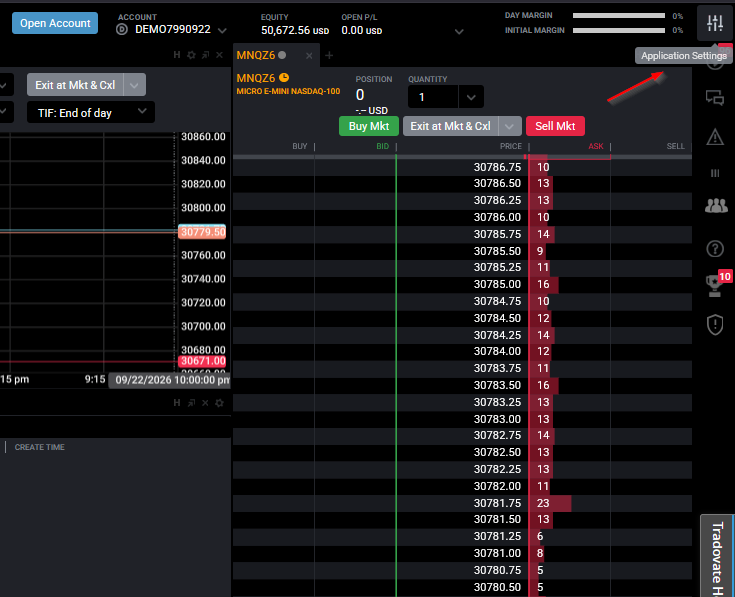Tradovate web platform with the upper-right settings menu open and Application Settings highlighted