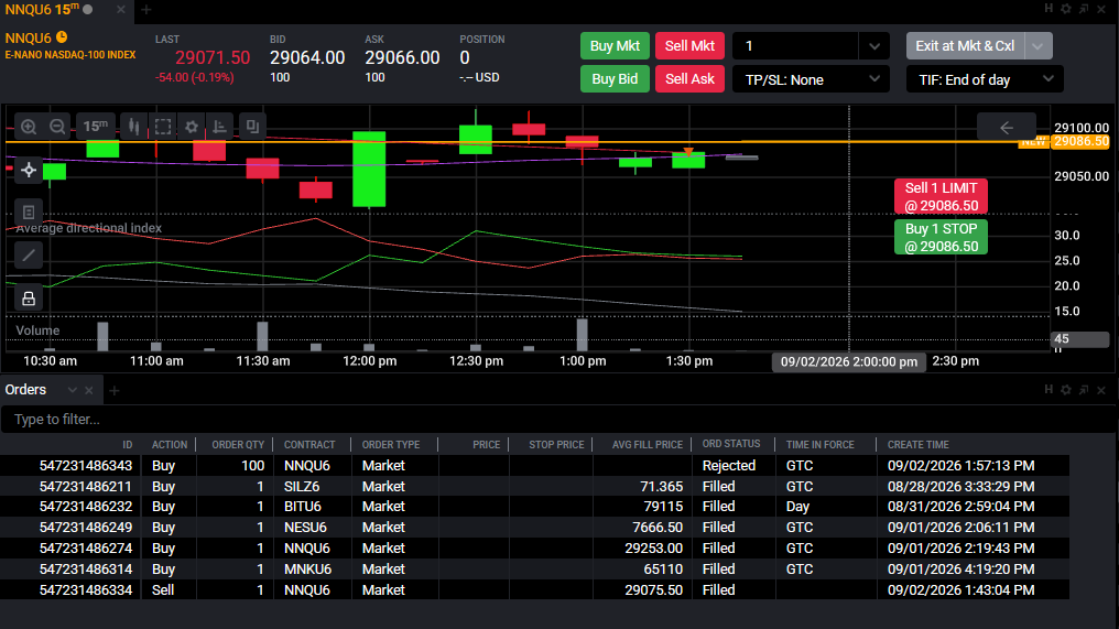 Tradovate Orders module listing orders with a Status column